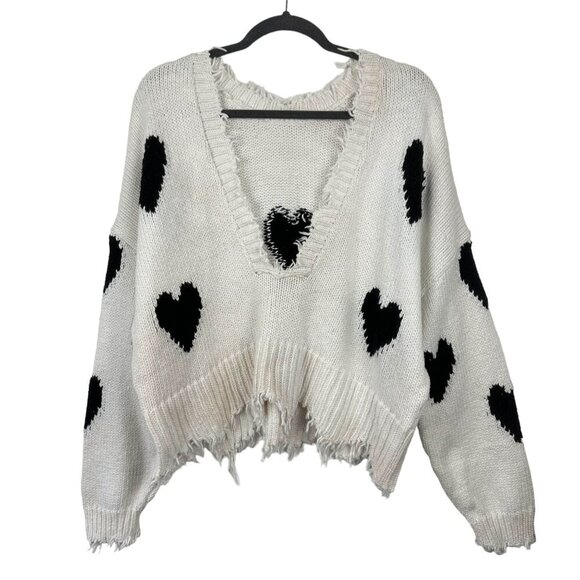 WILDFOX Heart Sweater Sz Small White Black V Neck Oversized Fringe Raw Hem Knit - Picture 2 of 13